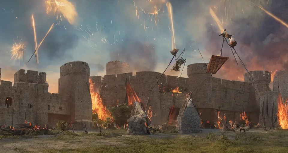 Prompt: five giant and powerful medieval trebuchets in the front, fireing on a medieval fortress far away, destroying the walls, fire and explosion, debris flying around, octane render, unreal engine