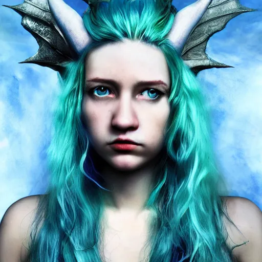 Image similar to portrait of young girl half dragon half human, dragon girl, dragon skin, dragon eyes, dragon crown, blue hair, long hair, highly detailed, cinematic lighting, by David Lynch and Robert Eggers