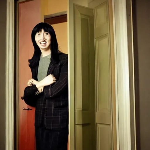 Image similar to ceo of binance changpeng zhao as shelley duvall in the iconic shining movie door axe