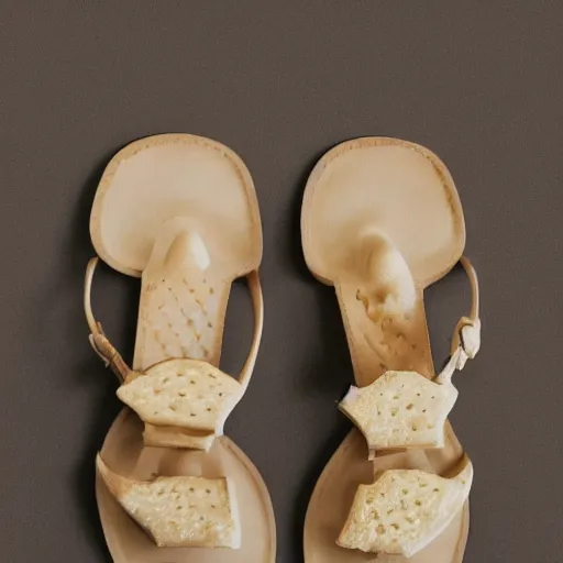 Image similar to high quality photo of sandals made of swiss cheese, realism, 8k, award winning photo