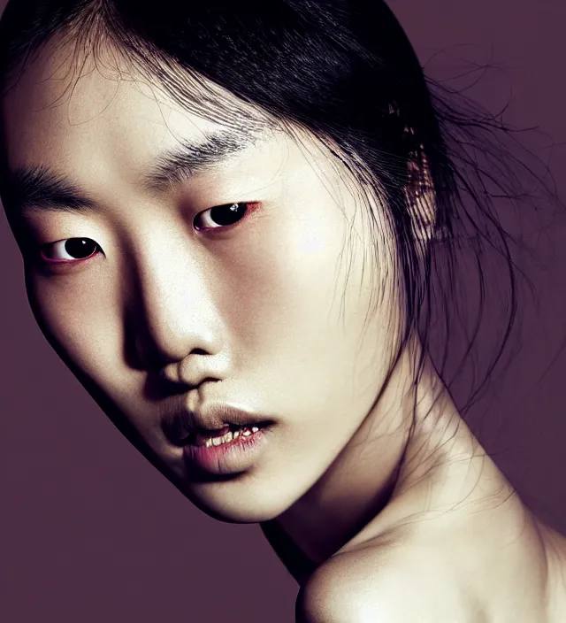 Image similar to photography facial portrait of liu wen, natural background, sensual lighting, natural fragile pose, wearing stunning cape by iris van herpen, with a colorfull makeup. highly detailed, skin grain detail, photography by paolo roversi, nick knight, helmut newton, avedon, araki