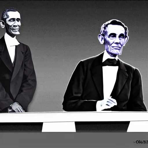 Prompt: Abraham Lincoln and Barrack Obama in a national debate in 2024. photoshop. photograph.