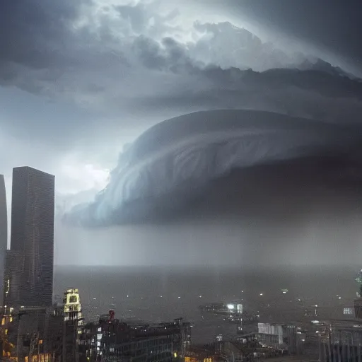 Image similar to an enormous creature towering over a city during a thunderstorm, 8 k, rtx on,