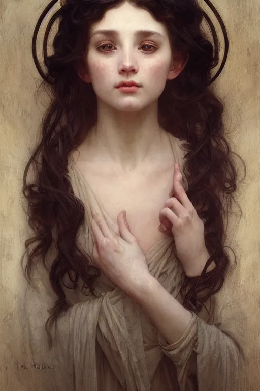 Image similar to Portrait of beautiful pale peasant girl, cinematic lighting, intricate, elegant, highly detailed, digital painting, artstation, smooth, sharp focus, illustration, art by artgerm and greg rutkowski and alphonse mucha and Wayne Barlowe and william-adolphe bouguereau