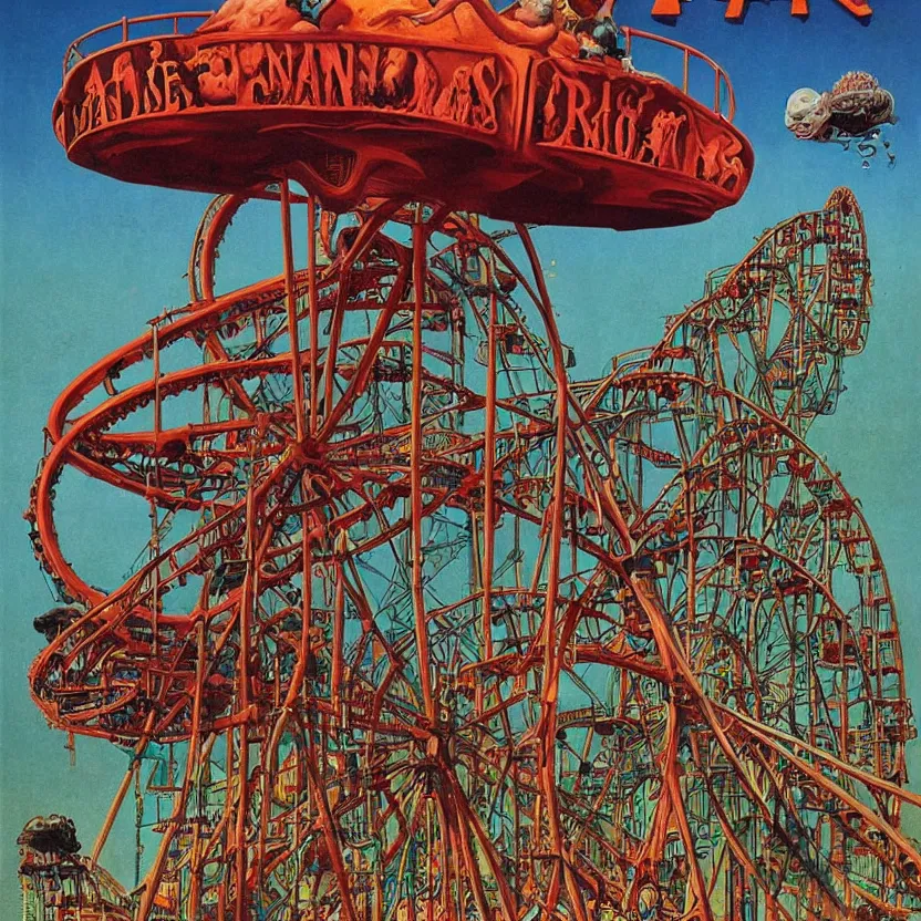 Prompt: an amusement park with rollercoasters, rides, a ferris wheel, and attractions, by richard corben, zdzisław beksinski. goosebumps cover art. pulp horror art.