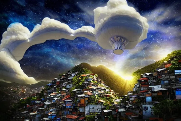 Image similar to favela tuba cloud sculpture, art nouveau environment, sunny, milky way, award winning art, epic dreamlike fantasy landscape, ultra realistic,