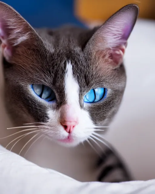 Prompt: closeup blue eyed cat licking himself on a bed at twilight dslr photo