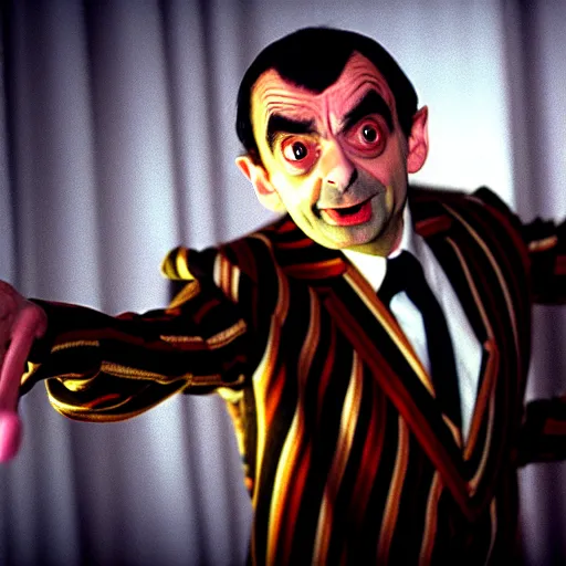 Prompt: mr. bean as beetlejuice. movie still. cinematic lighting.