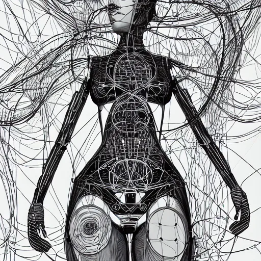 Image similar to a beautiful body of a pilot woman partially made of wires and electronic circuits, an ultrafine detailed illustration by james jean, final fantasy, intricate linework, bright colors, behance contest winner, vanitas, angular, altermodern, unreal engine 5 highly rendered, global illumination, radiant light, detailed and intricate environment