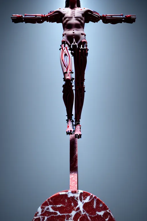 Image similar to a statue jesus on cross made of red marble with wires, tubes, veins, perfect symmetrical body, full body shot, inflateble shapes, white biomechanicaldetails, wearing epic bionic cyborg implants, masterpiece, intricate, biopunk, vogue, highly detailed, artstation, concept art, cyberpunk, octane render