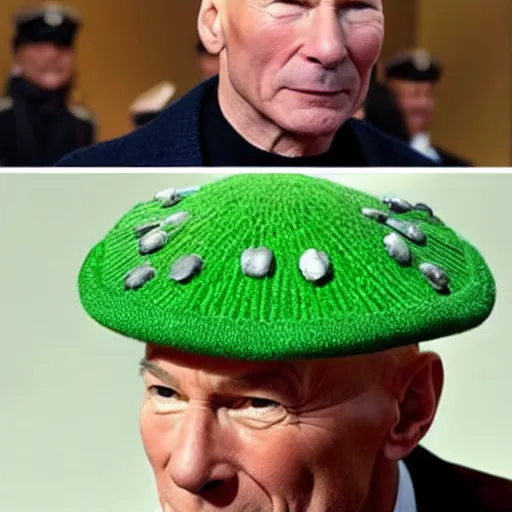 Image similar to patrick stewart, as captain jean - luc picard of the starship enterprise, avocado hat