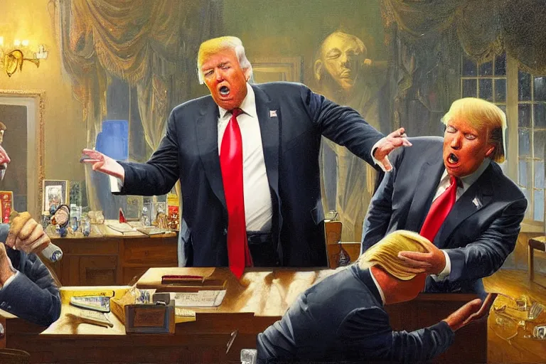 Prompt: portrait of donald trump and alex jones arguing, an oil painting by ross tran and thomas kincade