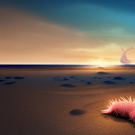 Image similar to axolotl and hedgehog chilling on a beach, concept render, sunset lighting, 4 k