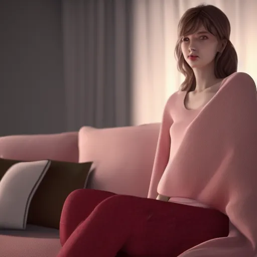 Prompt: 3 d render of a cute thin young woman, red blush, wearing casual clothes, small smile, relaxing on a couch, cozy under a blanket, cozy living room, close up shot, 8 k, octane render, trending on artstation, art by artgerm and irakli nadar, unreal engine 5, hyperrealism, hyperdetailed, ultra realistic
