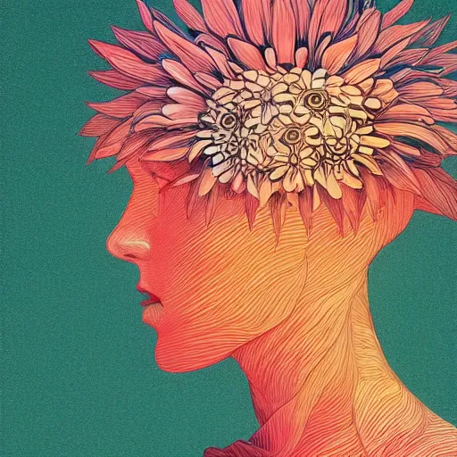 Prompt: closeup, huge daisy flower head, woman in modern apartment, surreal, dramatic light, by victo ngai by james jean, by rossdraws, frank franzzeta, mcbess