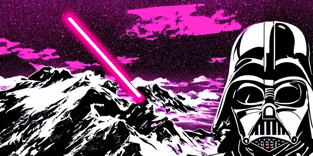 Image similar to vaporwave, vector graphics, synthwave, neon, darth vader snowboarding