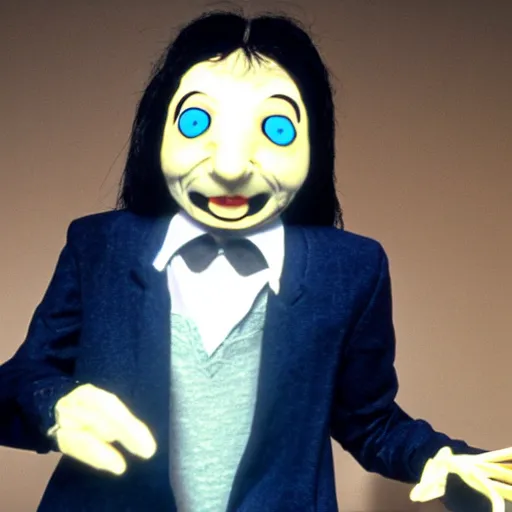 Image similar to mr bean dressed as the jigsaw puppet from saw riding around on a little tricicle