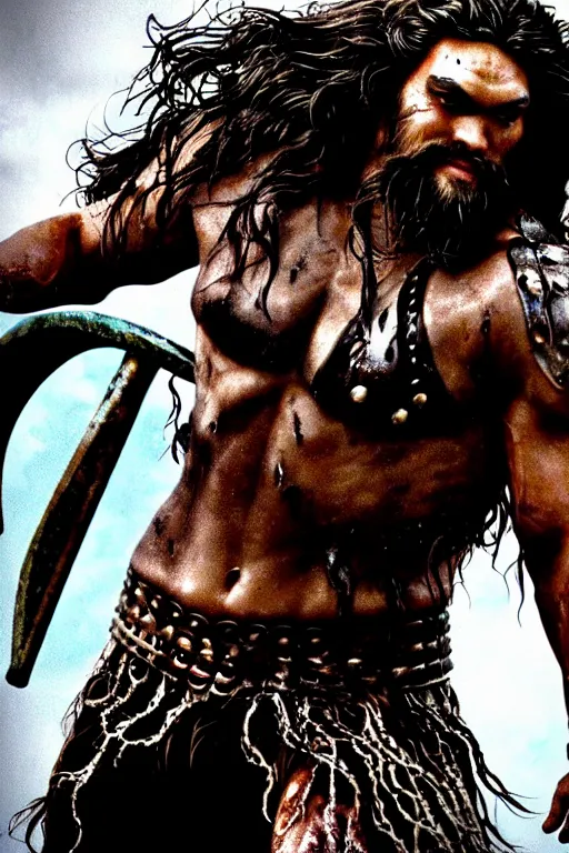 Image similar to closeup portrait of jason momoa conan the barbarian thor fighting zombies on a post apocalyptic battlefield, wearing royal crimson fantasy ornate spartan dragon scale armor, volumetric lighting, wet skin and windblown hair, muscular!!!, battle action pose, frank frazetta, boris vallejo, greg rutkowski cinematic light, frank miller, ridley scott, high contrast