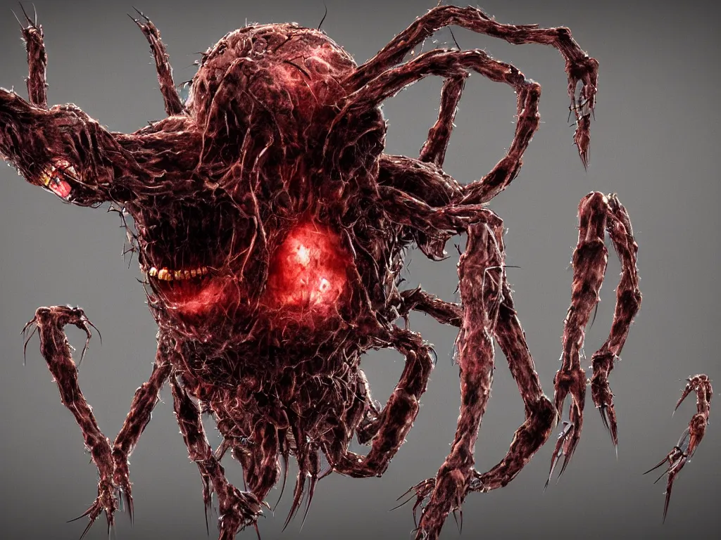 Image similar to Techno-biological iron-meat cat spider. Consisting of tumors, fur, veins, guts, long spider paws, kidneys, wires, shafts. The head is made of mechanisms and a fanged maw. Bodyhorror, biopunk, extremely high detail, ultra realistic, photorealism, concept art, octane render, view from a distance, 8k, 16k