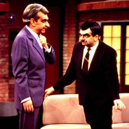 Image similar to mr. bean on the jerry springer show fighting with another guest. 3 5 mm film, movie still, tv show, talkshow