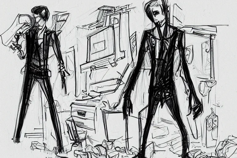 Image similar to single line sketch of goth guy standing in a cluttered 9 0 s bedroom, full body character concept art, scribble sketch, small details,