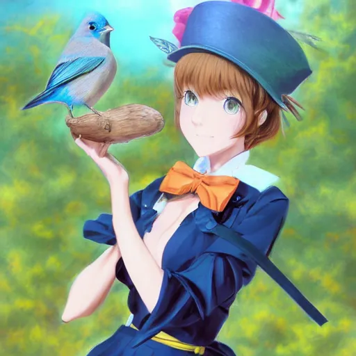 Image similar to colored pencil, anime art, beautiful full body female pinup girl, she is holding an indigo bunting bird, in her hand, the bird is wearing a bowtie, wlop, rossdraws sakimimichan, ilya kuvshinov, krenz cushart, greg rutkowski