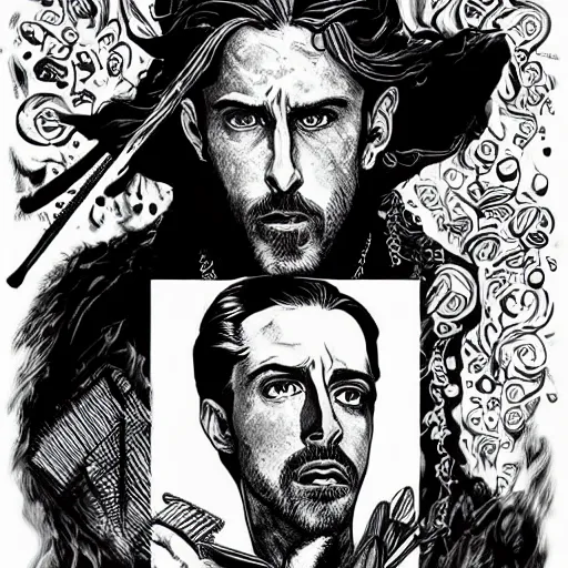 Image similar to pen and ink!!!! attractive 22 year old deus ex Frank Zappa x Ryan Gosling golden!!!! Vagabond!!!! floating magic swordsman!!!! glides through a beautiful!!!!!!! battlefield magic the gathering dramatic esoteric!!!!!! pen and ink!!!!! illustrated in high detail!!!!!!!! by Hiroya Oku!!!!!!!!! Written by Wes Anderson graphic novel published on Cartoon Network MTG!!! 2049 award winning!!!! full body portrait!!!!! action exposition manga panel
