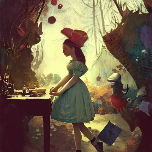 Image similar to alice in wonderland illustrated by johannes vermeer, greg rutkowski, gaston bussiere, van gogh, davinci, and zdzisław beksinski, award - winning, cgsociety contest winner