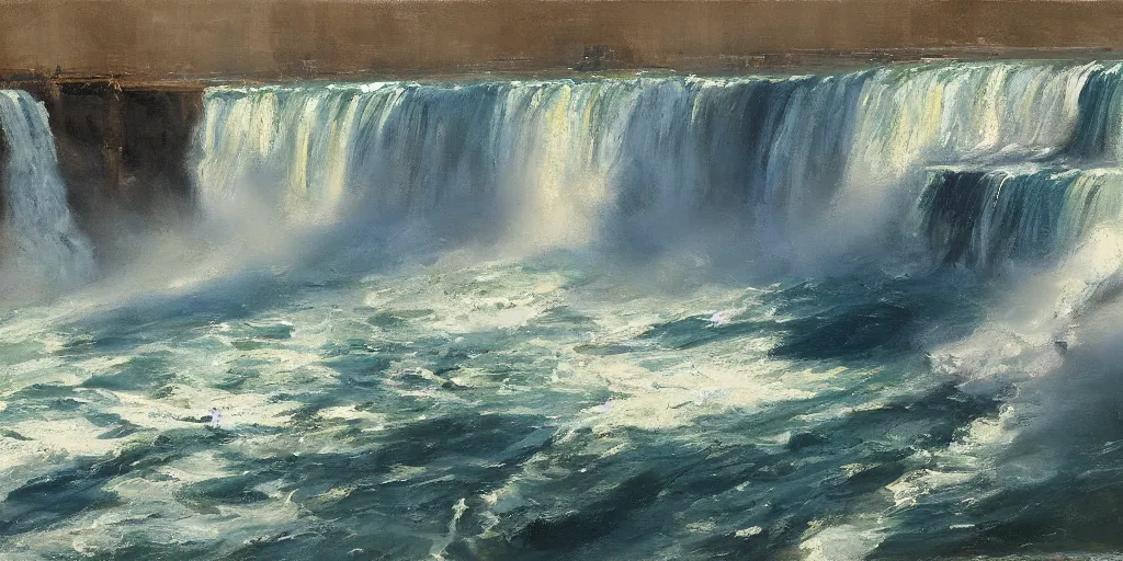 Image similar to painting of niagara falls by richard schmid, alla prima, loose gestural painterly, jeremy mann, greg manchess