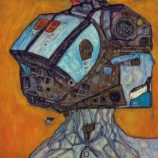 Image similar to Egon Schiele painting of DreamBotMothership, highly detailed