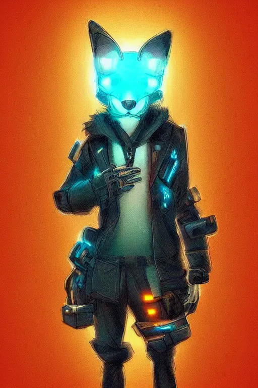 Image similar to a cute cyberpunk anthropomorphic fox with a fluffy tail, comic art, trending on furaffinity, cartoon, kawaii, backlighting, furry art!!!, warm light, concept art, glitch art