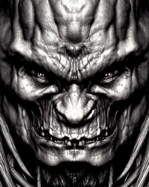 Image similar to orc, hyper realism, fine details, deviantart artstation, extremely detailed, black and white, very sharp, in the style of albrecht durer