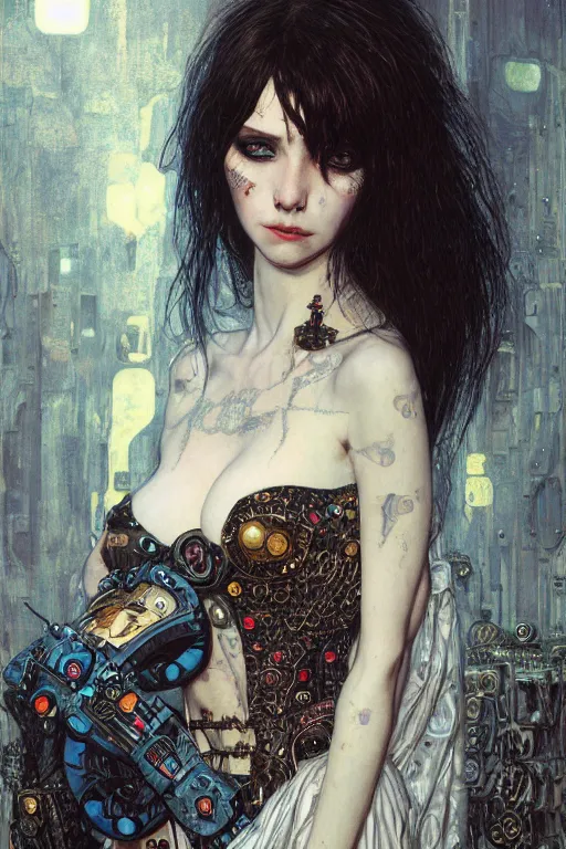 Image similar to portrait of beautiful young gothic maiden, cyberpunk, Warhammer, highly detailed, artstation, illustration, art by Gustav Klimt