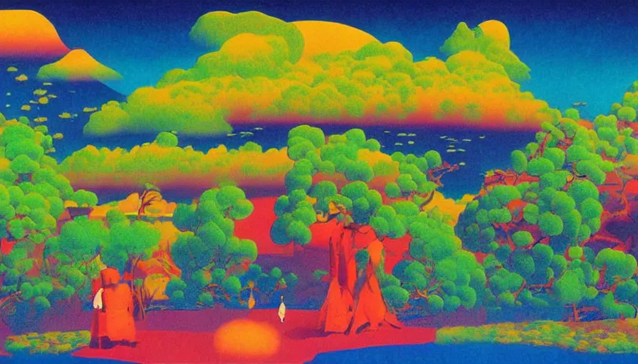 Image similar to Japan rural splendor travel and tourism c2050, surrealist psychedelic collage painting in the style of Magritte, Roger Dean, Yoshio Awazu, muted deep neon color