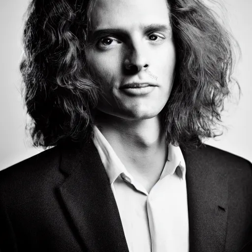 Prompt: portrait of a typical person with waist-length incredible hair by Richard Avedon, smoky hyper-detailed eyes, smiling male, aquiline nose, nd4, 85mm, perfect location lighting