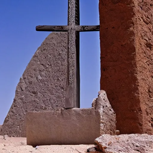 Prompt: A mythical sword floating above an obelisk in ancient ruins in the dessert