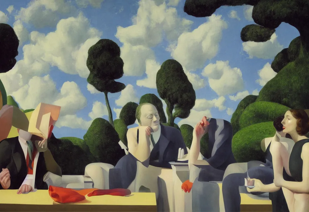 Prompt: three of people pictured in afternoon light, background of surreal architecture with an open ceiling, trees and absurd objects : : close - up of the faces, surrealist oil painting by edward hopper, dora maar and rene magritte