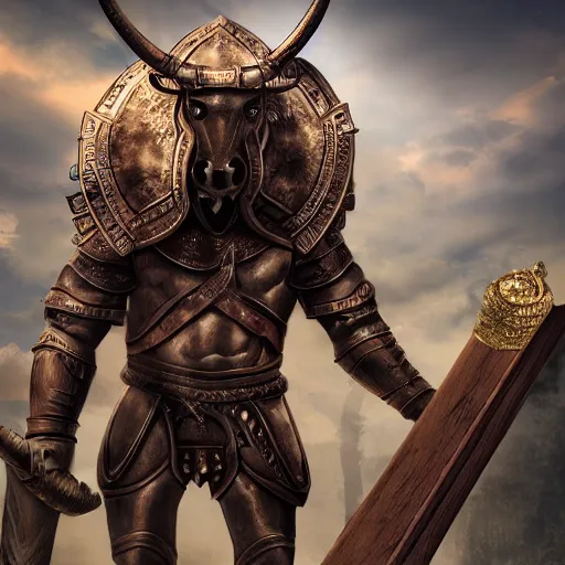 Image similar to a minotaur wearing plate armor and holding a mace