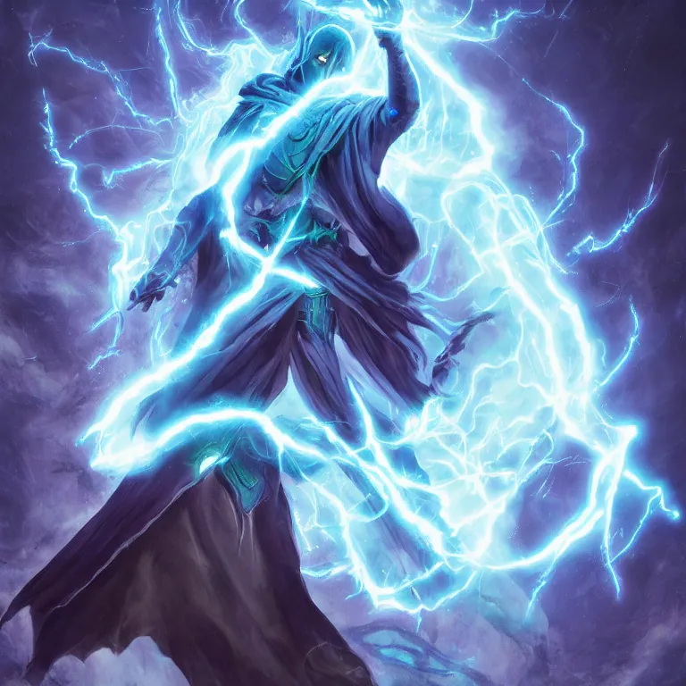 Prompt: arcanis the omnipotent, blue glowing hooded sorcerer faceless figure, lightning spells, mtg art, justin sweet