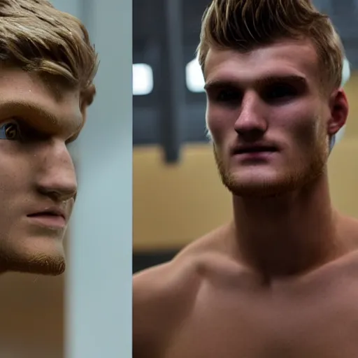 Image similar to a realistic detailed photo of a guy who is an attractive humanoid who is half robot and half humanoid, who is a male android, soccer players martin ødegaard & timo werner, shiny skin, posing like a statue, blank stare, in a factory, on display, showing off his muscles, gold soccer shorts, side view, looking at each other mindlessly