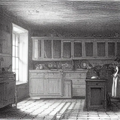 Image similar to kitchen of an abandonded house, illustration by Gustav Doré, Chiaroscuro, dramatic light