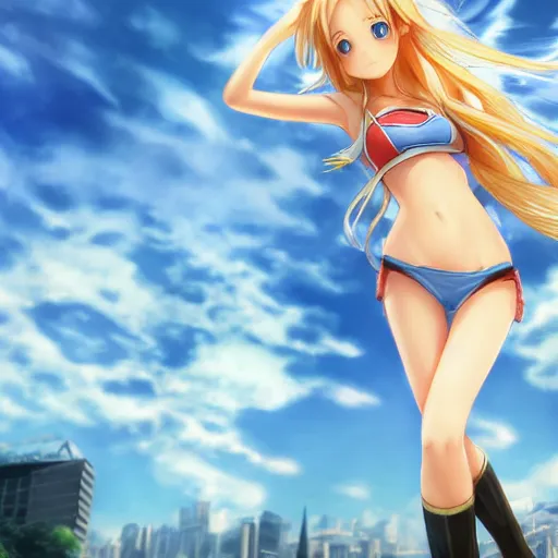 Prompt: a giant macro very beautiful young yuuki asuna, full body, long wavy blond hair, sky blue eyes, full round face,, bikini, miniskirt, stepping on a miniature city, cinematic wallpaper by stanley artgerm lau