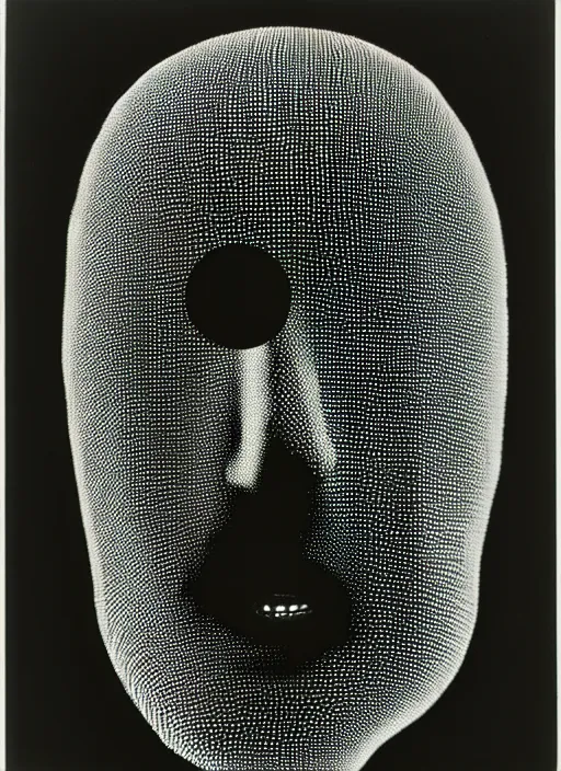 Image similar to realistic object photo portrait of face made of black and white ping pong balls, readymade, dadaism, fluxus, man ray, x - ray, electronic microscope 1 9 9 0, life magazine photo