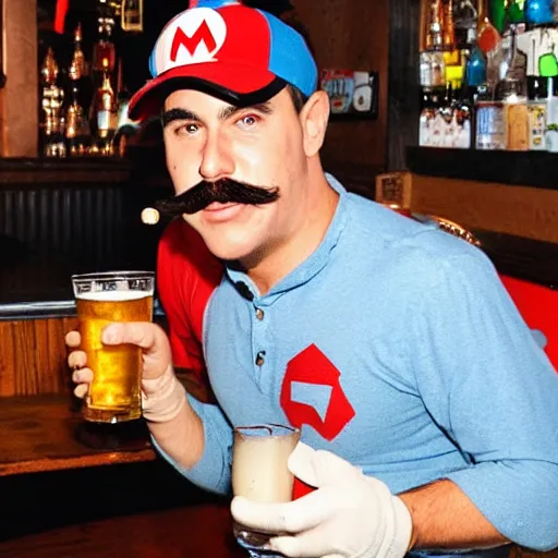 Image similar to super mario chugging a beer and getting drunk at a bar