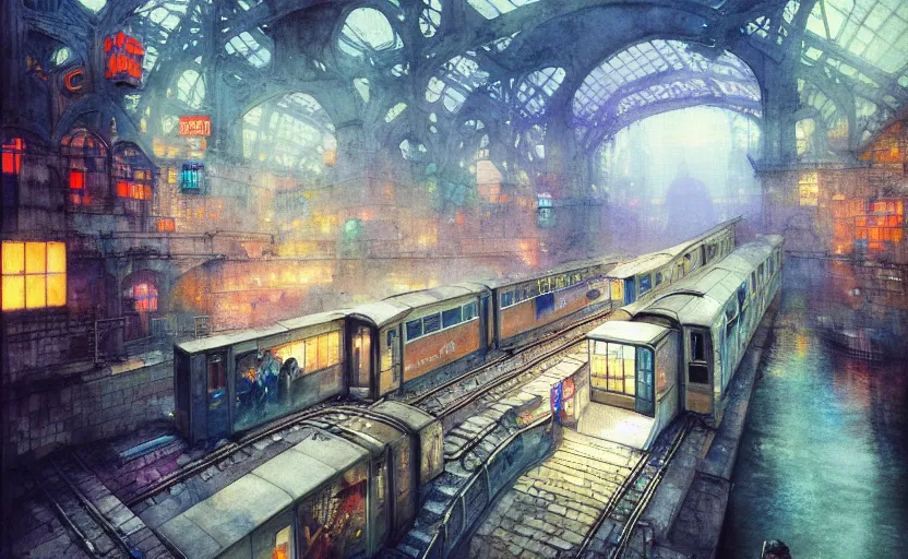 Image similar to an urban train rides inside of a waterway on a fantasy city. intricate, amazing composition, colorful watercolor, by ruan jia, by maxfield parrish, by marc simonetti, by hikari shimoda, by robert hubert, by zhang kechun, illustration, gloomy