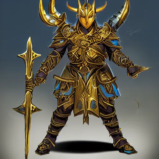 Image similar to concept art of a strong fantasy warrior wearing heavy elvish chitin shell armor blue and gold with two horns in the helmet in a battle while raising his heavy blade for victory