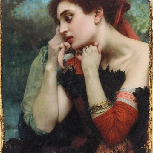 Image similar to a renaissance oil painting close shot face portrait by alma tadema of a demon vampire fangs beautiful woman touching neck, sapphire jewellery, colourful pastel, detailed academic bouguereau, sharp focus, high contrast studio lighting