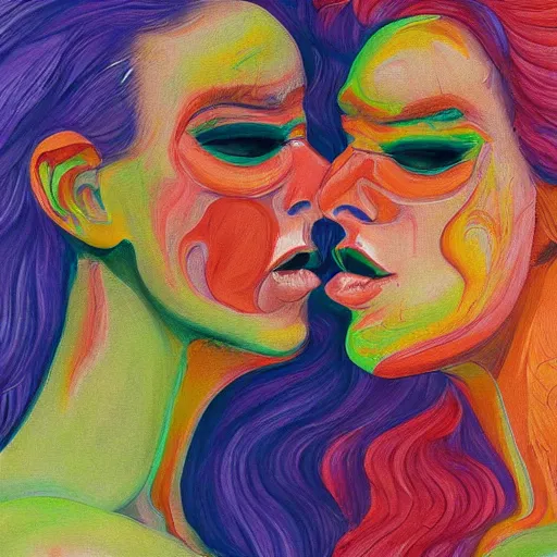 Image similar to expressive painting by francesca sundsten of two bizarre psychedelic femme creatures kissing each other closeup, speculative evolution, exobiology