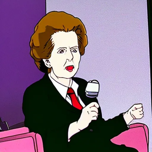 Image similar to A still of Margaret Thatcher in a 1990s anime