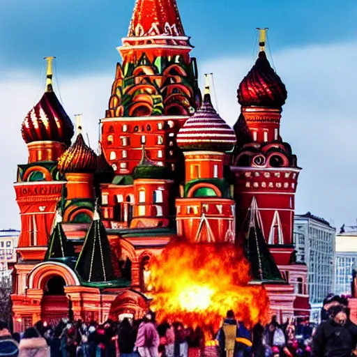 Image similar to high quality image of fire on Red Square in Moscow, highly detailed, 8k, professional photo